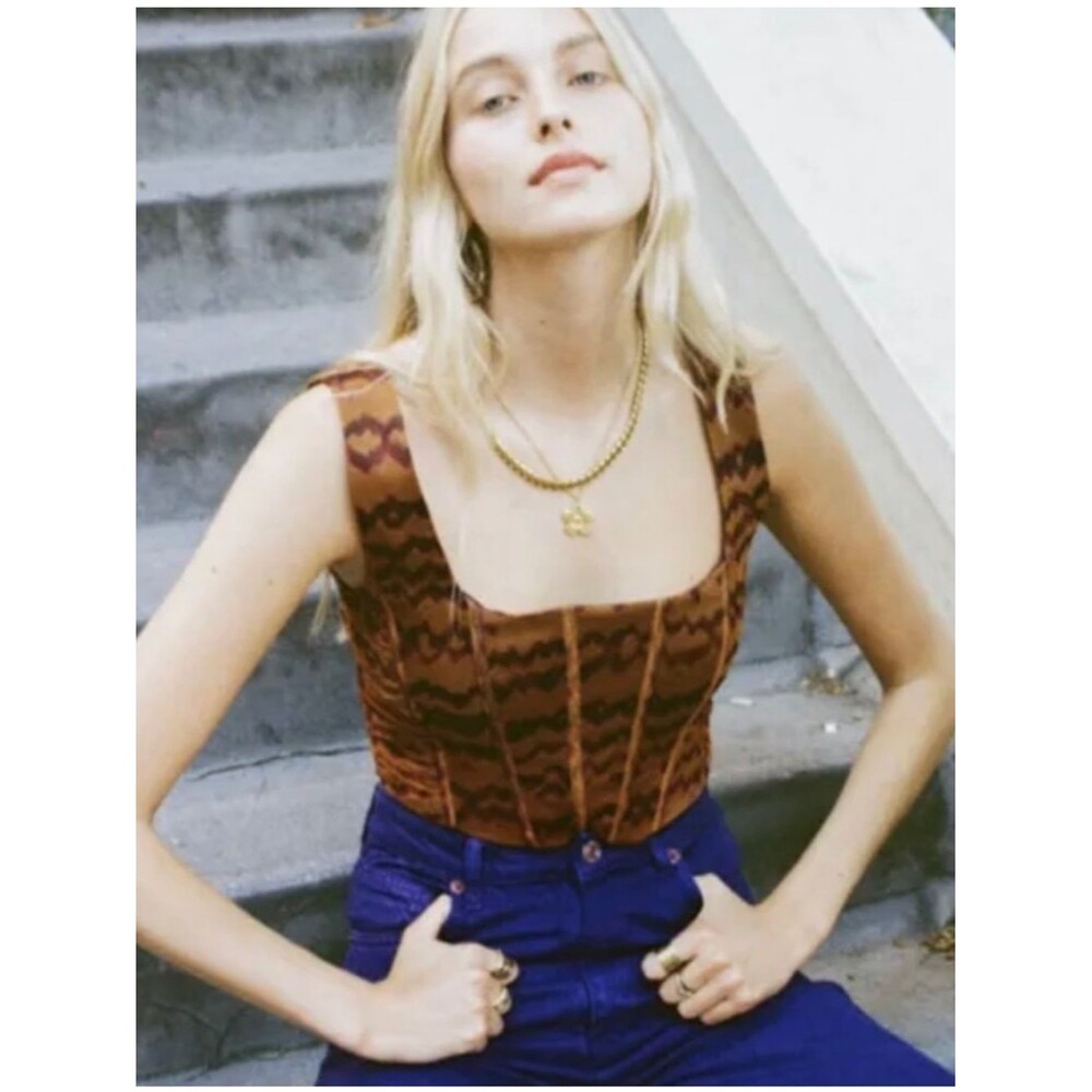 Zara Tulle Brown Patterned Square-Neck Corset Crop Top Size Large